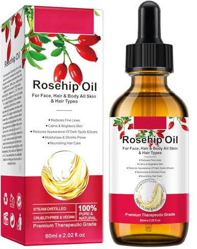 UEPETU Rosehip Oil for Face and Skin, 2Fl oz Organic Rosehip Essential Oil, Rose Hip Seed Oil Moisturizer Face, Hair, Nails and Body