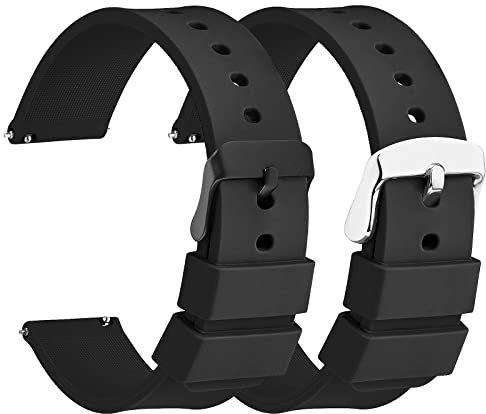 Molain 2 Pcs Bracelets de Montre en Caoutchouc de Silicone Dégagement Rapide, Boucle en Acier Inoxydable Noir/Argent, Bracelet de Montre Universel de Remplacement Sportif (18 mm, bande noire)