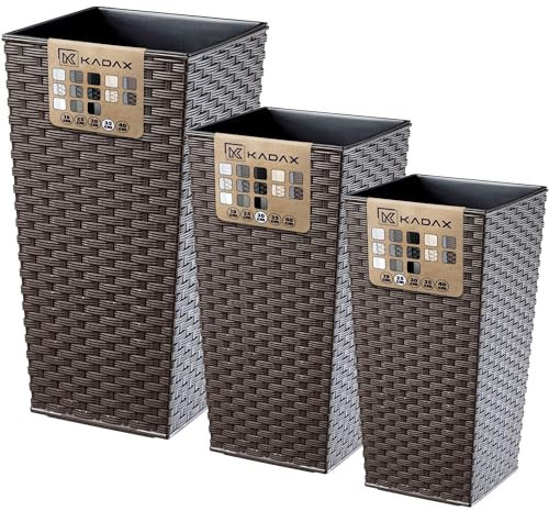 KADAX Set di 3 vasi alti per piante, Marrone Rattan, H 46,5/57,5/68 cm – vasi per piante da giardino, fioriera grande moderna