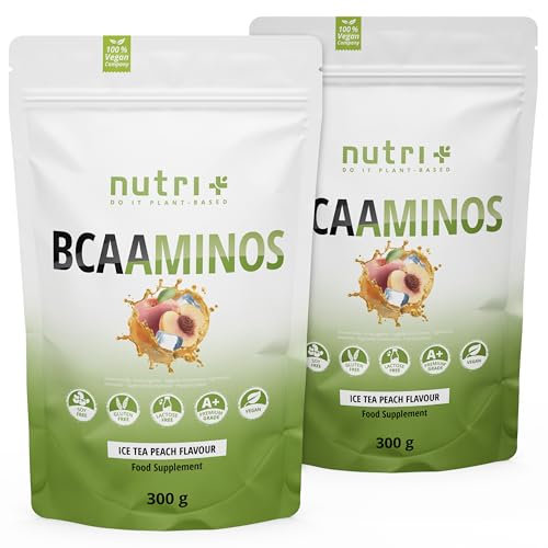Instant BCAA Pulver Vegan - Hochdosierte Aminosäuren BCAAs - L-Leucin L-Isoleucin L-Valin 2:1:1 Aminosäure - Nutri + BCAAminos - Geschmack Pfirsich-Eistee - Ice-Tea Peach 600g