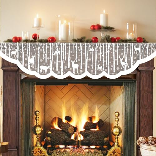 White Christmas Fireplace Mantel Cover – Lace Reindeer Snowflake Mantle Scarf Garland Runner Decor - Xmas Fireplace Decorations for Living Room – Winter Holiday Birch Tree Snow Woodland Mantel Scarf