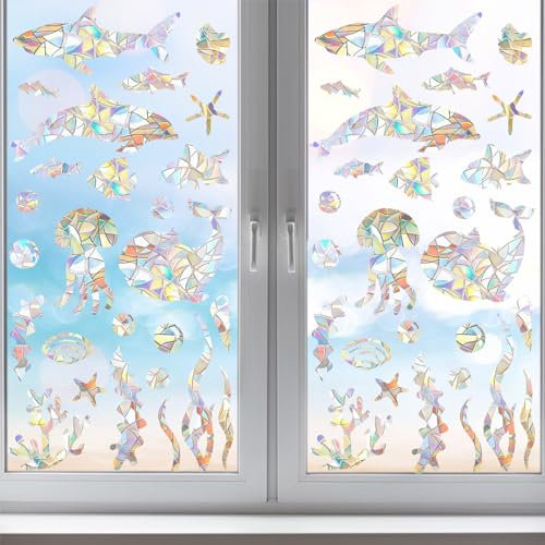 Yunkctuk 48 Stück Suncatcher Sticker, Prisma Fensteraufkleber für Vogelschutz, Regenbogen fensterfolie, Reflektierende Aufkleber,Vogel Anti Kollisions Fenster Aufkleber,Fenstersticker für Fenster Deko