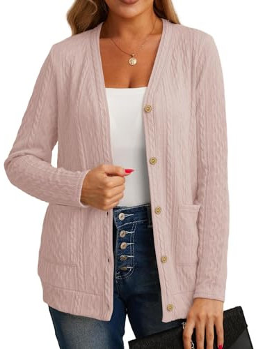 GRECERELLE Womens Cardigan Long Sleeve Lightweight Cardigans Button Down V Neck Ribbed Knit Outerwear Open Front Tops with Pocket for Ladies (Pink, XL)