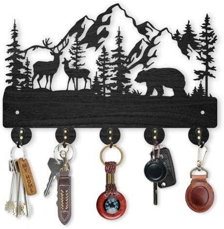 MAYJOYDIY Forest Deer Bear Key Holder for Wall 30×20cm Wood Forest Animal Mountain Key Hooks Hanger 5 Alloy Hooks Black Key Rack for Home Art Decor Entryway Front Door Gift