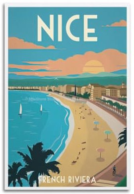 EERS Vintage-Reiseposter Nizza – Französische Riviera, dekoratives Gemälde, Leinwand-Wandposter und Kunstdruck, modernes Familienschlafzimmer-Dekor-Poster, 50 x 75 cm