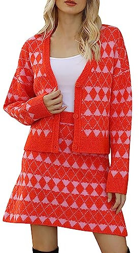 Pullover Damen Winter Damen Strickjacke mit V-Ausschnitt, Strickset, A-Linie, halber Rock, Jacquard, Kleiner Duft, Zwei Kurze Strickjacken, Winter, lockerer Strickpullover für Damen, Solid (Red, L)