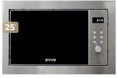 Microondas integrable EVVO Mi35 Inox, 25L de Capacidad, Grill 1000W, Puerta y Marcos Efecto Brillante, Multifunción, 8 Funciones, Temporizador 60 Minutos, Display Digital (Acabado Inox)
