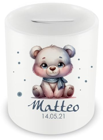 Samunshi® Kinder Spardose mit Namen und Baby Bär als Motiv für Kinder - Jungen und Mädchen Sparschwein 330ml weiß