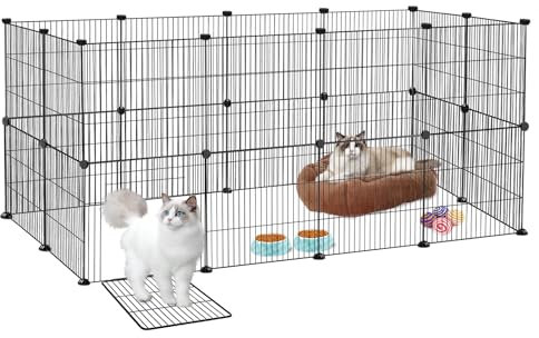 FIVMEN Freilaufgehege Kleintiergehege 142x72x72cm Freigehege Gittergehege 24-Platten Laufstallgitter mit Türen Kleintier Laufställe für Kaninchen Hamster (Schwarz)