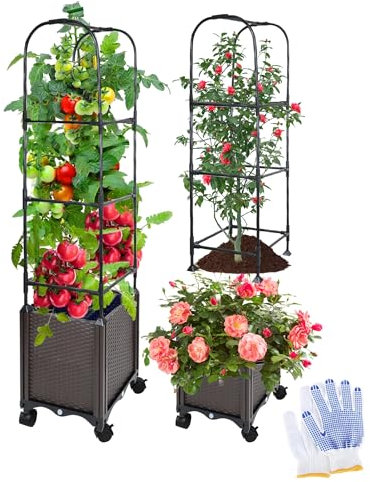 Rankhilfe mit Blumenkasten auf Rollen, Tomatentopf Hochbeet Pflanzkasten für Kletterpflanzen zum Klettern Selbstbewässerung Garten Obelisk Tomatenturm für Tomate, Gurken, Rosen, Garten Schwarz