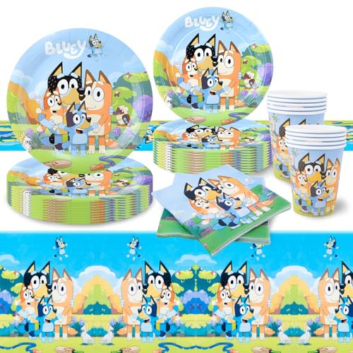 52 Stück Blue Geburtstagsdeko, Partygeschirr Pappteller Kindergeburtstag Party Teller Becher Servietten Trinkhalme Geburtstag Deko für 10 Personen