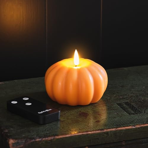 Lights4fun TruGlow® Halloween Pumpkin LED Flameless Pillar Candle Battery Operated Real Orange Wax with Timer and Remote Control Indoor Use