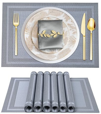 BETEAM Platzsets Abwaschbar 12er Set Vinyl Tischsets für Esstisch Waschbar Küchen Platzdecken Langlebige Tischsets für Drinnen Draußen-02 Silber Grau S, 12er Set