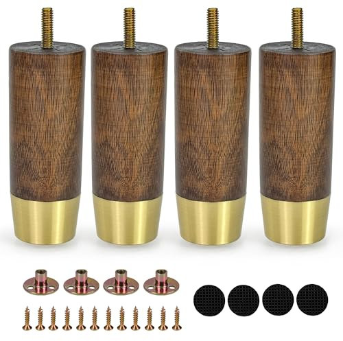 Vilanca 5 Inch Wooden Furniture Legs with Gold Cap Set of 4 Sofa Replacement Solid Wood Furniture Feet for Armchair Couch Cabinet Dresser Ottoman TV Stand Bed Legs (5inch)