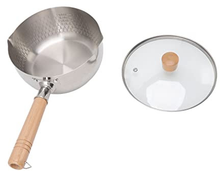 HAOHIZE Stainless Steel Saucepan, 20cm Milk Pan with Pouring Lip, Small Saucepan with Lid, Non Stick Japanese Saucepan with Wooden Handle, Japanese Saucepan, Milk Soup Pot for Home Kitchen