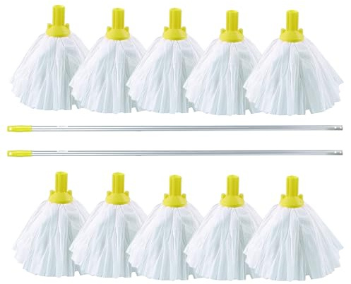 10 Big White Disposable EXEL Mop Heads with 2 Colour Coded Handle (Yellow)