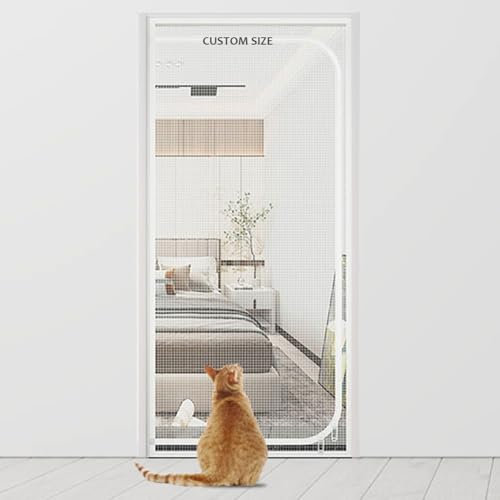 Yuly Custom Size Cat Pets Protection Door Screen,Self-Adhesive Pets Proof Screen Door Mesh,Fly Screen Anti-Mosquito Insect Door Curtain with Zipper (D-Shape Opening)