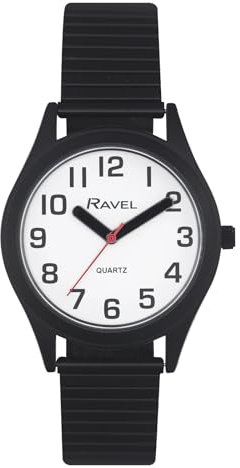 Ravel - Damen-Uhr mit superflachem Sichthilfe-Edelstahl-Expanderarmband mit großen Zahlen und Zeigern - Analoges Quarzwerk - R0225.13.2 - Schwarz/Weißes Zifferblatt