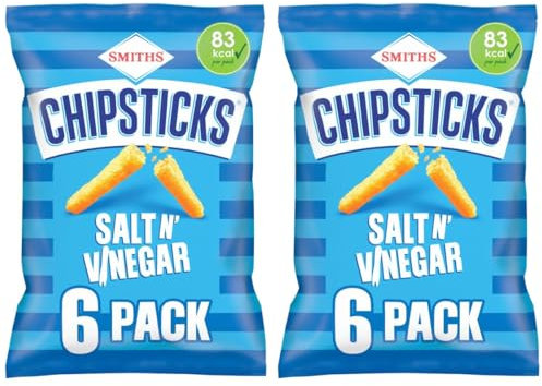 Smiths Chipsticks Salt & Vinegar Multipack Crisps 6 x 17g X 2 Pack, Salt & Vinegar Flavour Maize & Potato Snack, No artificial colours, Baked, not Fried, Suitable for vegetarians