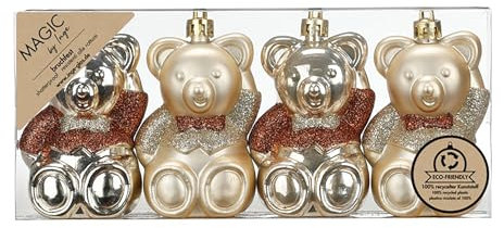 Inge-glas Christbaumschmuck Teddybären 8cm Kunststoff 4er Set - bruchsicher & mit Glitzer - Christbaumkugeln für Weihnachtsbaum - Weihnachtsbaumkugeln & Weihnachtsbaumschmuck Champagner - Creamy Gold