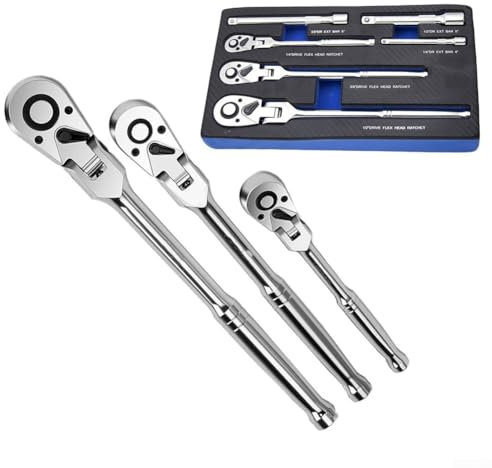 Besttoolifes 6PCS Flex Head Ratchet Set, 1/4 3/8 1/2 Drive Swivel Extension Bar, 72-Tooth Ratchet Wrench, 180-Degree Flexible, Combination Wrench Set