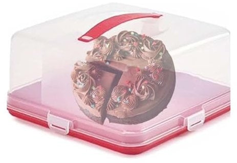 ZOPPER Red Large Square Plastic Cake Box With Lockable Lid & Carry Handles Portable Cake Carrier Storage Container Fits 11 inch Ideal for Cakes, Cookies