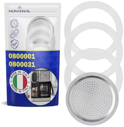 MONTERAL 3 Pezzi Guarnizione Moka 1 Tazza per Caffettiera Completo di 1 Filtro con Codice Originale 0800001 0800031 per Bialetti