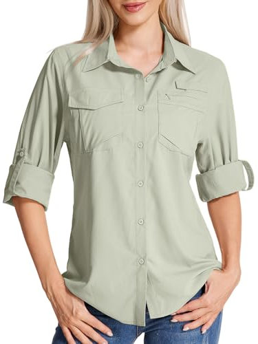 Yenwits Hemdbluse Damen UPF 50 UV Schutz Langarmshirt Atmungsaktiv Quick Dry Safari Kleidung Outdoor Wanderhemd Casual Tops für Reisen Sport Angeln Golf(5081,Light Khaki,M)