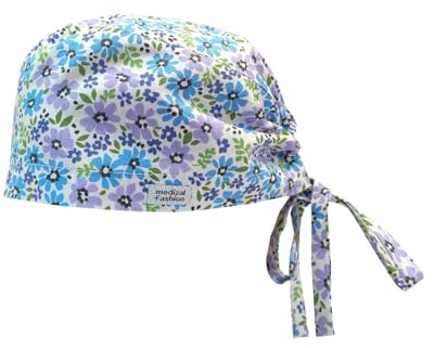 Medizal Fashion OP-Haube Unisex mit Bindebändern waschbar Blaue Blumenwiese | Chirurgenmütze OP mütze Einheitsgröße gute Luftzirkulation Stirn-Umschlag Tiefenregulierung für Mehrfachnutzung