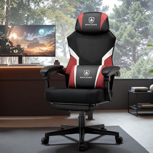 GTPLAYER Sedia Gaming con Poggiapiedi, Sedia da ufficio ergonomica con schienale in rete, Sedia da gioco in tessuto per casa e ufficio (rosso)