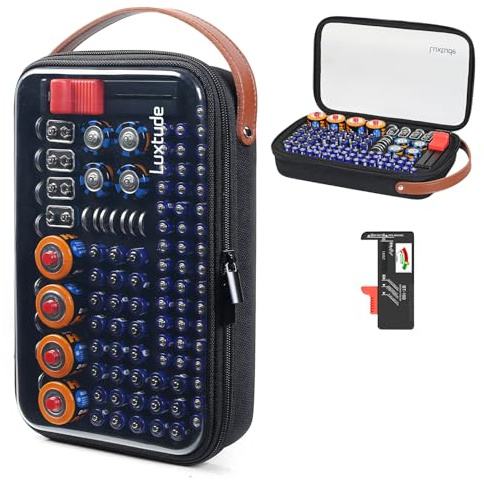 Luxtude Battery Organizer Storage Case with Tester, Clear Battery Case (Black Medium) | Clear Batteries Storage Organizers Holds 102 PCS, Hard Battery Holder Organizers, Portable Batteries Case Organizer