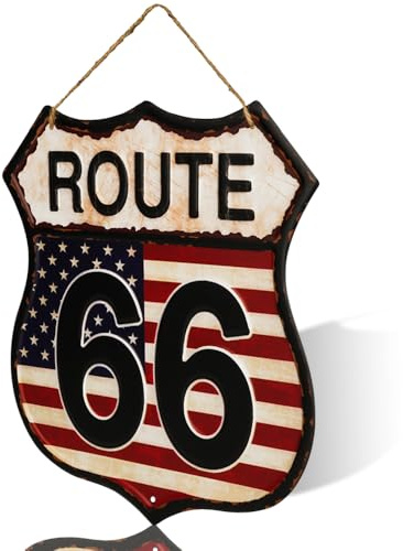 Targa da parete vintage Route 66, design decorativo in metallo, decorazione rustica per la casa con corda (rosso scuro)