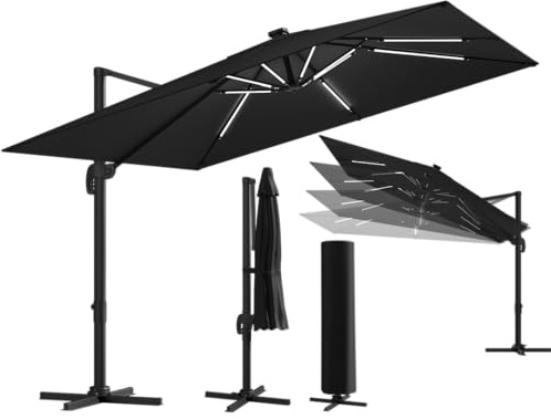 STEELSØN Sonnenschirm Lyrion 300cm Durchmesser, Ampelschirm mit Abdeckung LED Solar, Gartenschirm wetterfest mit UV-Schutz, Aluminium, quadratisch, schwarz