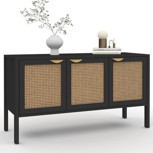 IDMarket - Buffet Bas 110 cm EDHEN 3 Portes Bois Noir et cannage