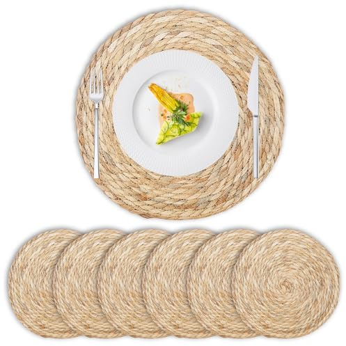 6er Set Tischset Rund Geflochten Aus Wasserhyazinthe: 30cm Handgemachte Runde Platzsets, Decorasian Geflochtener Untersetzer Hitzebeständig, für Warme Speisen, Esszimmer Küche Hochzeit Party