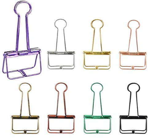 8 Pcs Medium Metal Wire Binder Clips, Assorted Colours Bulldog Paper Clamps, Fold Back Hinge Clips for Office, School, Home Organisation & Food Sealing