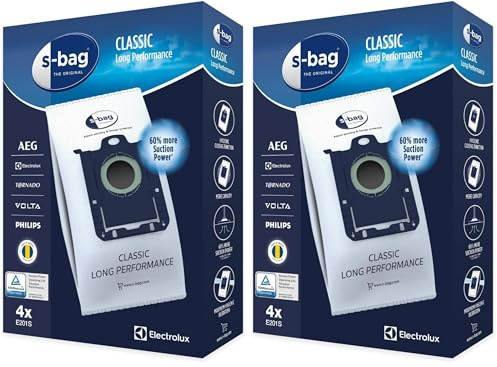 Electrolux E201S Sacs Aspirateur S-Bag Long Performance, Boite de 4 Sacs, 3,5 litres, Powerflow, Système de Fermeture Automatique hygiénique, Convient à de Nombreux Types d'aspirateurs (Lot de 2)