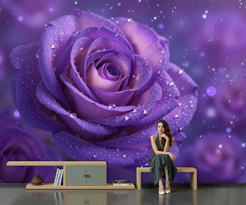 JEDTAKCT Papier Peint Panoramique Rose Étoilée De Rêve, Papier Peint En Soie Plante Romantique 3D, 300 X 210 Cm Tableaux Poster Décoration Murale, Fond Tv Murale Salon Chambre, Violet Profond