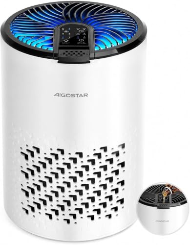 Aigostar Purificador de Aire Compacto HEPA con Carbón Activo para Hogar | Modo Sueño 15 dB, Bajo Consumo 4 W, Filtración de 4 Capas, Elimina Pelos de Mascotas, Olores, Humo y Alérgenos, Aromaterapia
