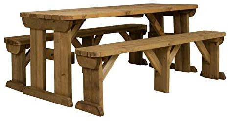 Arbor Garden Solutions 12 Seat Wooden picnic table and benches set, Aspen rounded patio furniture (8ft, Rustic Brown)