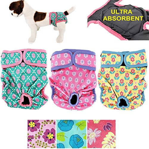 Windeln für Hündinnen mit 4 Schichten saugfähiger Einlagen, Katzenhöschen, wasserdicht, auslaufsicher, waschbar (S: Taille 30,5 cm – 40,6 cm, Neonmuster)