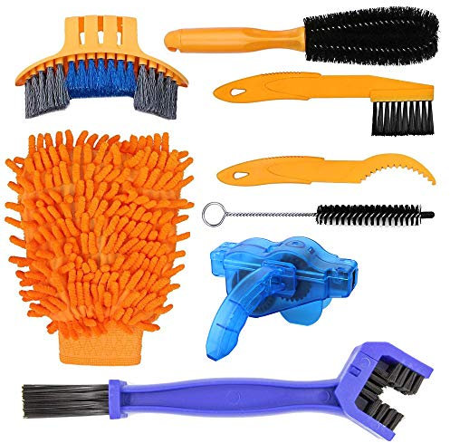 MMOBIEL Bike Cleaning Tool Set for Bicycle, Mountain- / Road- / City Bike, BMX and More - 8 Pieces Precision Bike Cleaning Brush Set - Incl. Chain Scrubber for Chain Wheel Tire