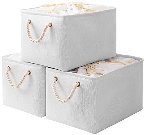 Yawinhe 3 Stück Aufbewahrungskorb Stoff, Faltboxen Aufbewahrungsbox, mit Kordelzug-Abdeckung und 2 Griffen, Körbe Aufbewahrung, für Schrank und Regal, 38x28x26cm, Weiß, SNK003WL