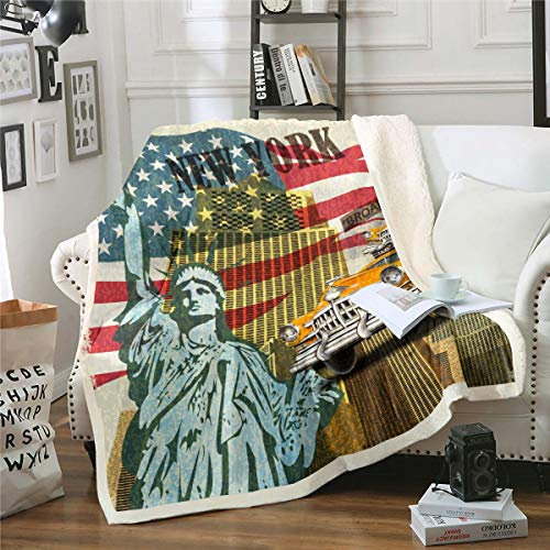 Freiheitsstatue Wohndecke Kuscheldecke Berühmte USA Stadtbild Couchdecke für Sofa Couch Retro Stadtgebäude Flanell Fleecedecke Raumdekor 150x200cm