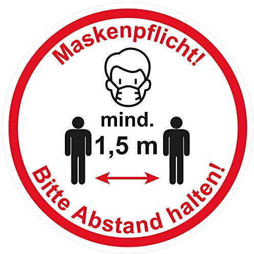 10 Stück Aufkleber Maskenpflicht! Bitte Abstand halten! 20 cm, selbstklebender PVC-Aufkleber