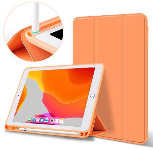 aoub Neues iPad (2019 7. Generation / 2020 8. Generation/2021 9. Generation) 10,2 Hülle mit Stifthalter Dünn Leicht Smart Schutzhülle Standabdeckung Auto Aufwachen/Schlafen für iPad,Orange