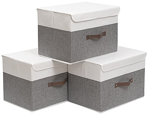 OUTBROS Aufbewahrungskörbe mit Deckel, 45 x 30 x 30 cm,3 Stück regalkörbe, Aufbewahrungsboxe, stoffboxen aufbewahrung für Kleidung,Grau/Weiß ST02WGL3