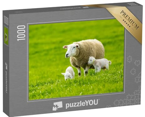 puzzleYOU: Puzzle 1000 Teile „Schaf mit neugeborenen Zwillingslämmern auf Einer saftigen grünen Wiese im Frühling“ – aus der Puzzle-Kollektion Schafe & Lämmer