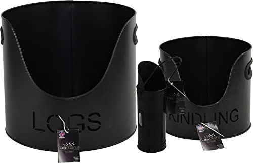 Sterling Ventures Black 3 Piece Fireplace Log Basket Kindling Match Holder Set