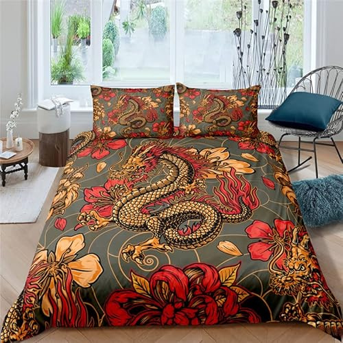 DONGSHAN Bettwäsche 135x200 Japanisch Drache Bettbezug Set, Warme Weiche Mikrofaser Bettwäsche-Sets mit Reißverschluss - 1 Bettbezüge und 1 Kissenbezug 80x80 cm